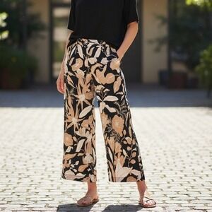 Maeve Anthropologie Jo Faulkner Colette Wide Leg Floral Pants Navy Tan 32